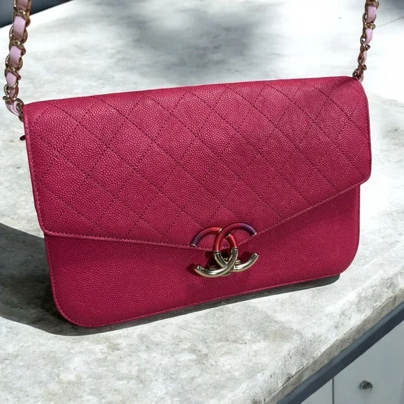 CHANEL Hot Pink/Gradient Straps Caviar Thread Around Flap Bag - Picture 1 of 14